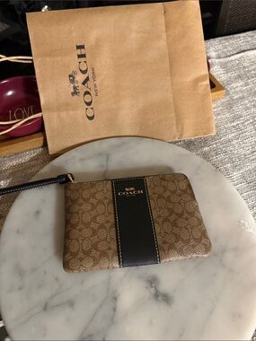 Coach Brown Signature Canvas Wristlet with Black Center Stripe